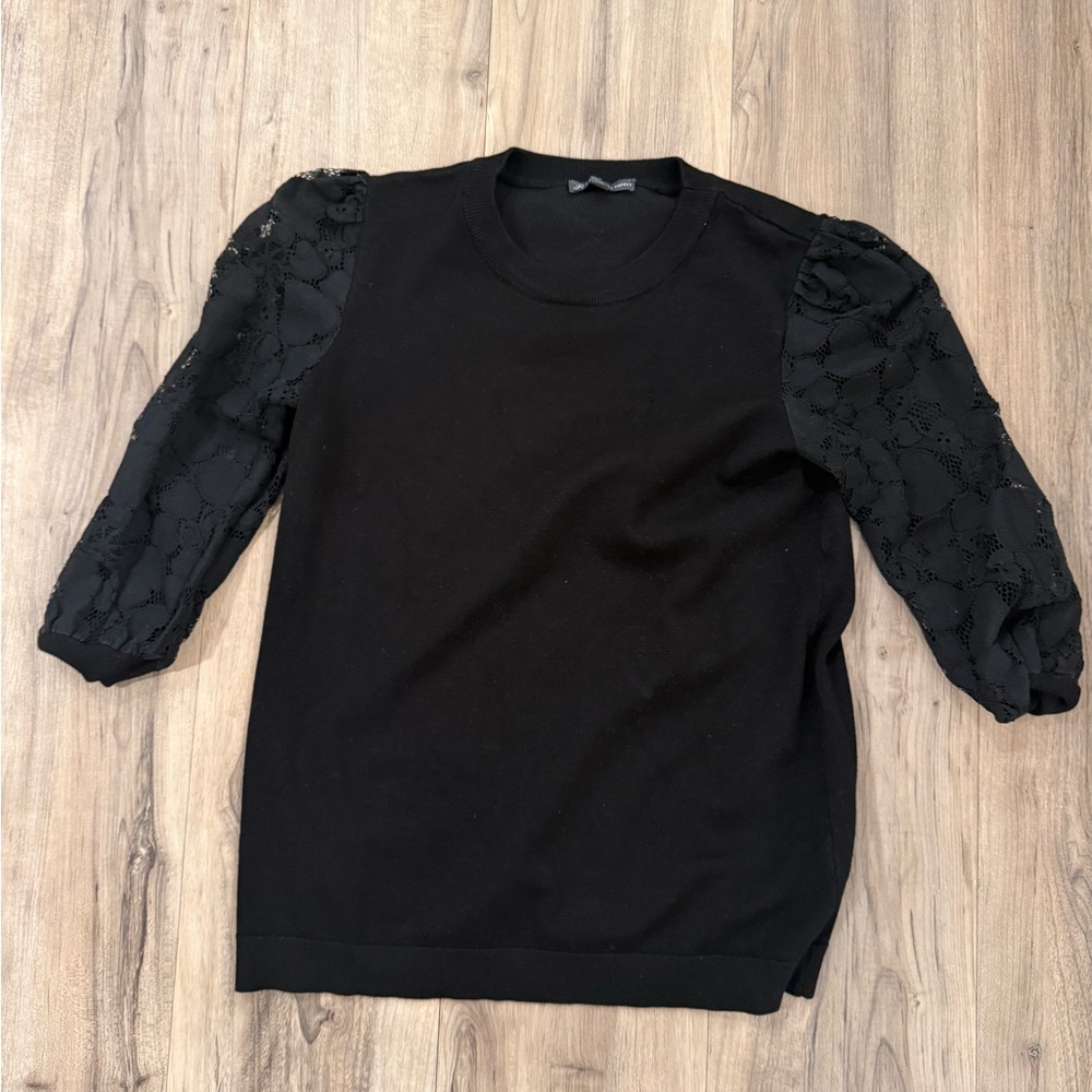 Adrianna Papell Black Top with Lace Sleeves
